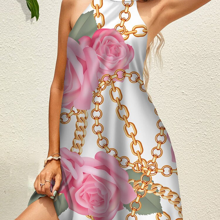 Tropical Floral Chain Print Halter Dress Summer Women's Sleeveless Lace Up Mini Dress Elegant Vestidos Boho Party Beach Sundress 1