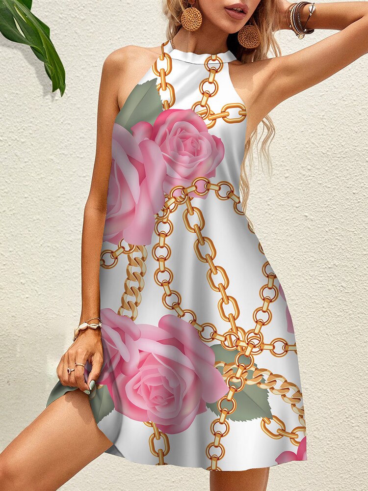 Tropical Floral Chain Print Halter Dress Summer Women's Sleeveless Lace Up Mini Dress Elegant Vestidos Boho Party Beach Sundress 1