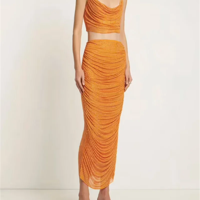 High Street Summer Orange Sexy Spaghetti Straps Short Top +High Waist Pencil Skirt 2 Piece Set Vintage