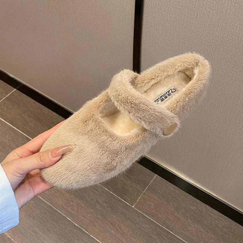 2023 Winter Warm Women’s Plush Flat Shoes Korean style mary jane Ladies casual boat shoes Outdoor work shoes Khaki
