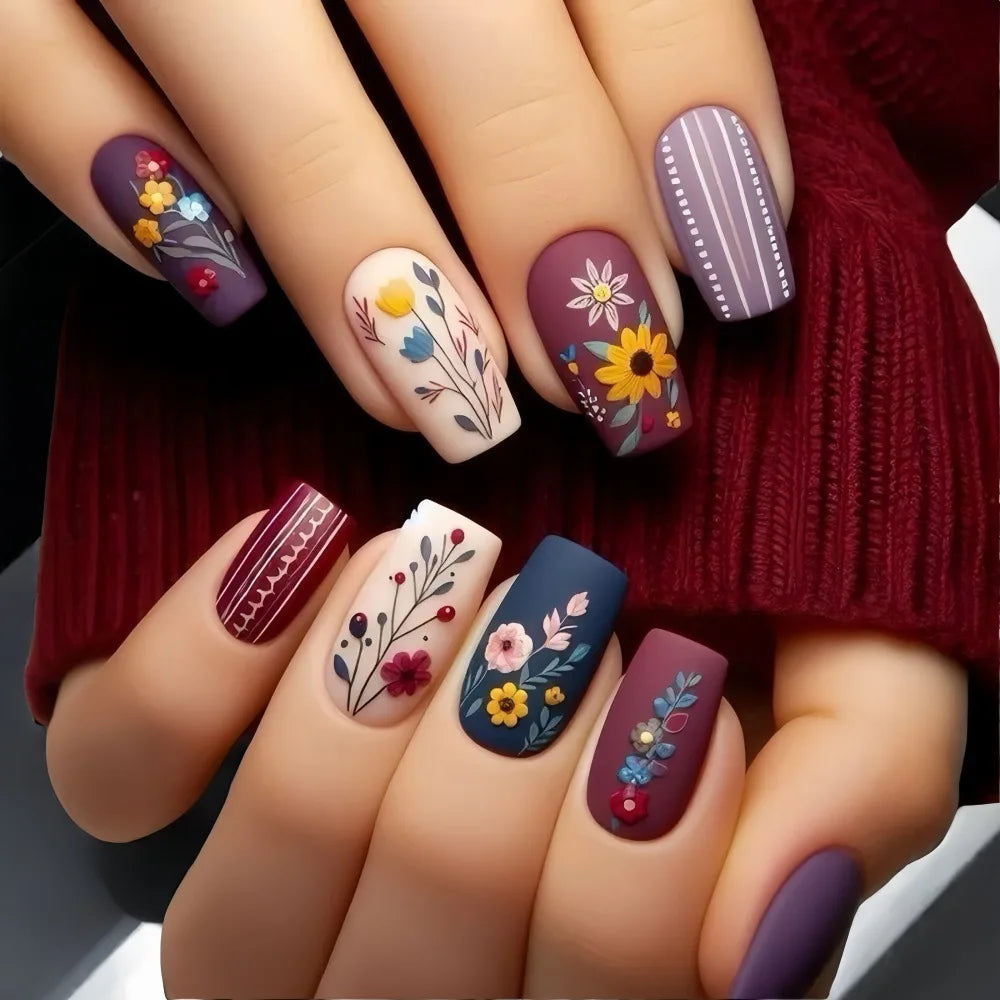 24pcs/set Floral Pattern Press-On Nail Set Mixed Color Ballet Shape Medium Length Simple Sweet Elegant Luxury Style Fake Nails A875