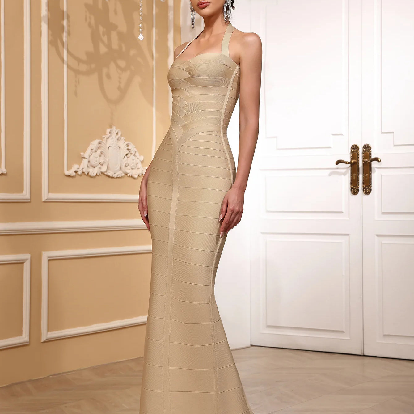 High quality women summer white pachwork sexy halter spaghetti straps slim long bandage dress fashion backless party dress