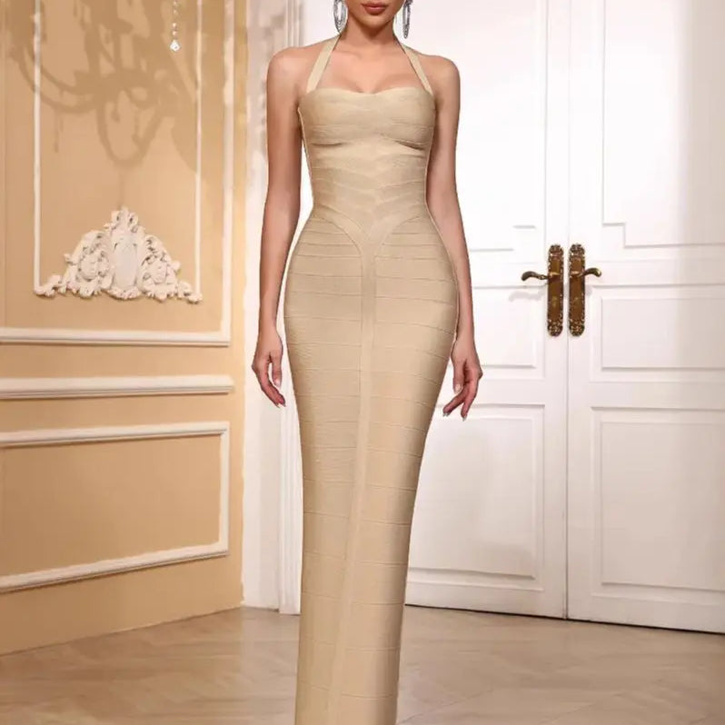 High quality women summer white pachwork sexy halter spaghetti straps slim long bandage dress fashion backless party dress Khaki