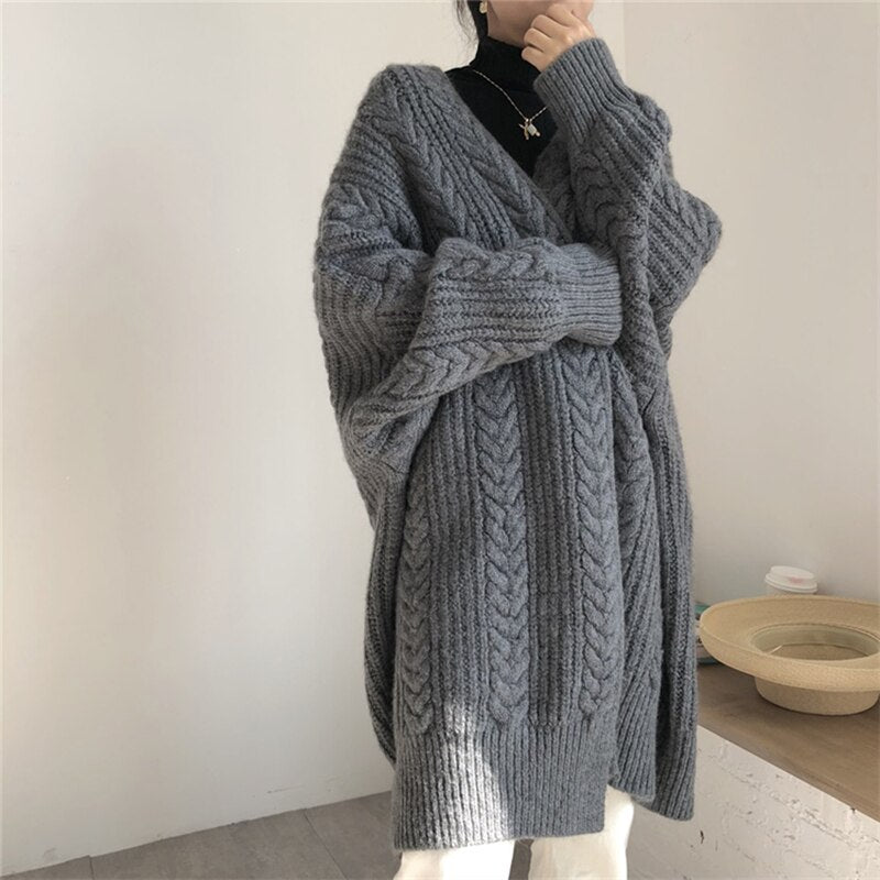 ABRIN Winter Women Loose Warm Long Cardigan TRAF Coat Autumn Long Sleeve Knit Thicken Sweater Coat Women Streetwear Outerwear