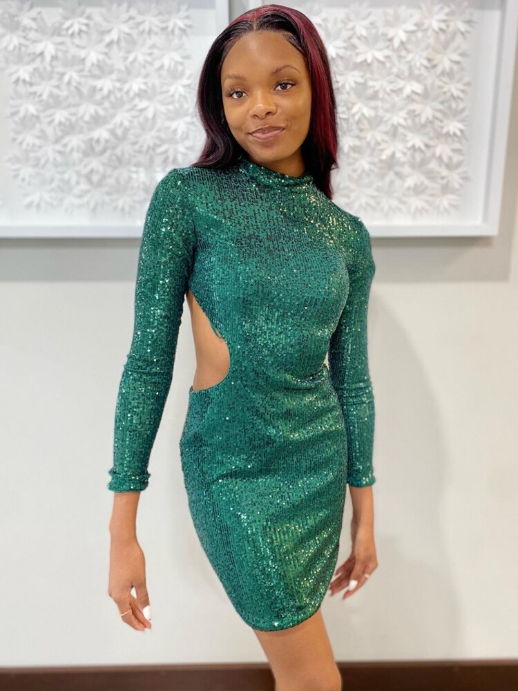 AIOVOX Simple Sequin Backless Homecoming Dresses Short High Neckline Hoco For Party Long Sleeve Vestido De Gala Custom-Made Green