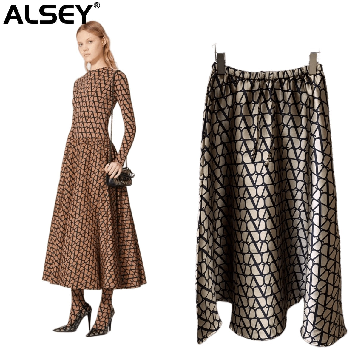 ALSEY The Same Counter High Quality Fashion Women Half Skirt 2024 Spring and Summer New Senior Grid Design In The Long Skirt AMAIO