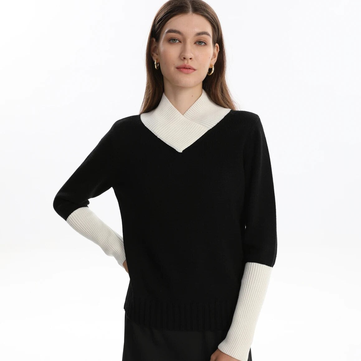 AP Sweaters 2024 Fall Women  V Neck Sweater Lady Clothes Big Girls Top Soft Black Patchwork, #2005 AMAIO