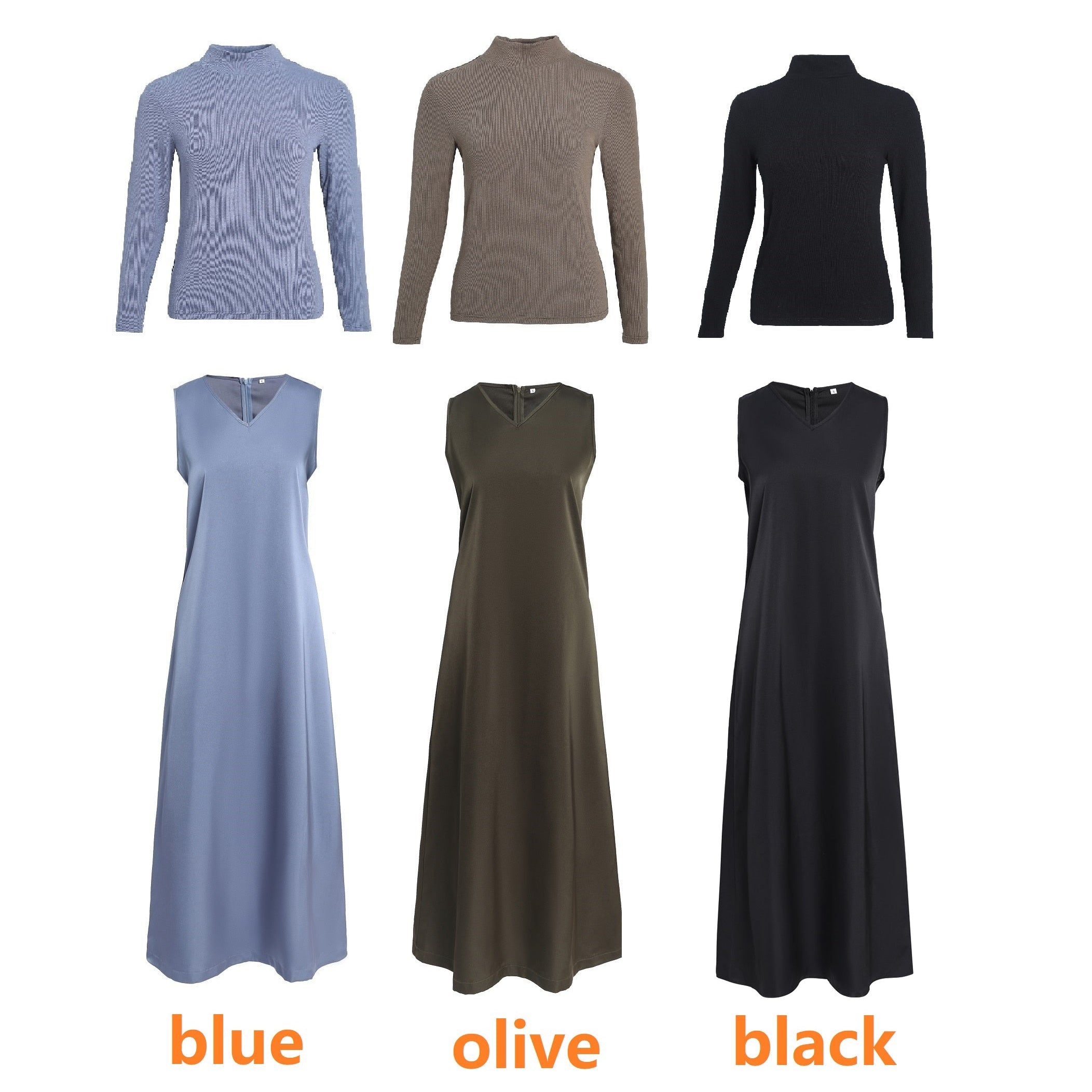 AP V Neck Satin Maxi Dress Rib Modal Mock Neck Top 2024 Fall High Quality Women Dress Three Colors, #2001 AMAIO