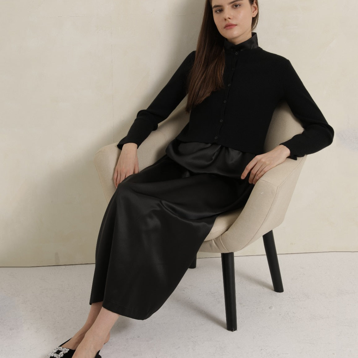 AP V Neck Satin Maxi Dress Rib Modal Mock Neck Top 2024 Fall High Quality Women Dress Three Colors, #2001 AMAIO