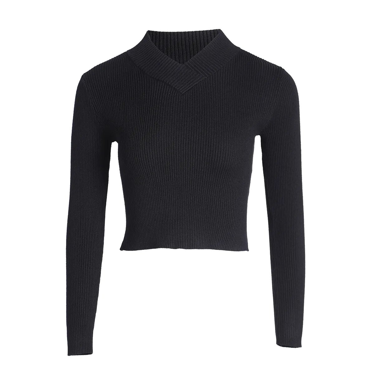 AP V Neck Women Sweater Top 2024 Fall Lady Clothes Black and Quiet Blue Elegance Fitted Style, #2000 AMAIO