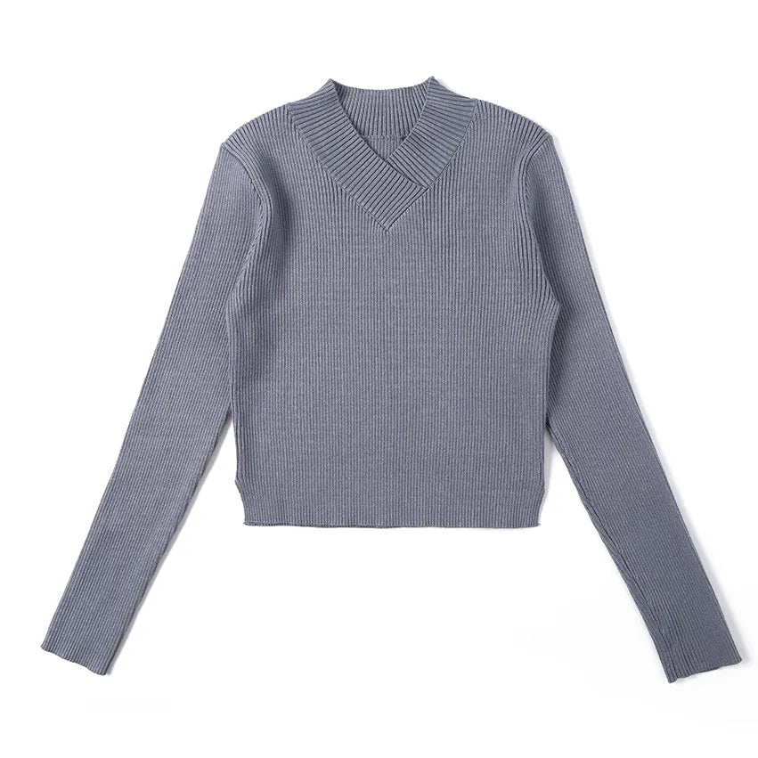 AP V Neck Women Sweater Top 2024 Fall Lady Clothes Black and Quiet Blue Elegance Fitted Style, #2000 AMAIO