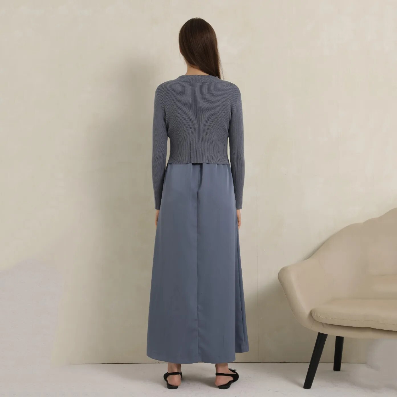 AP V Neck Women Sweater Top 2024 Fall Lady Clothes Black and Quiet Blue Elegance Fitted Style, #2000 AMAIO