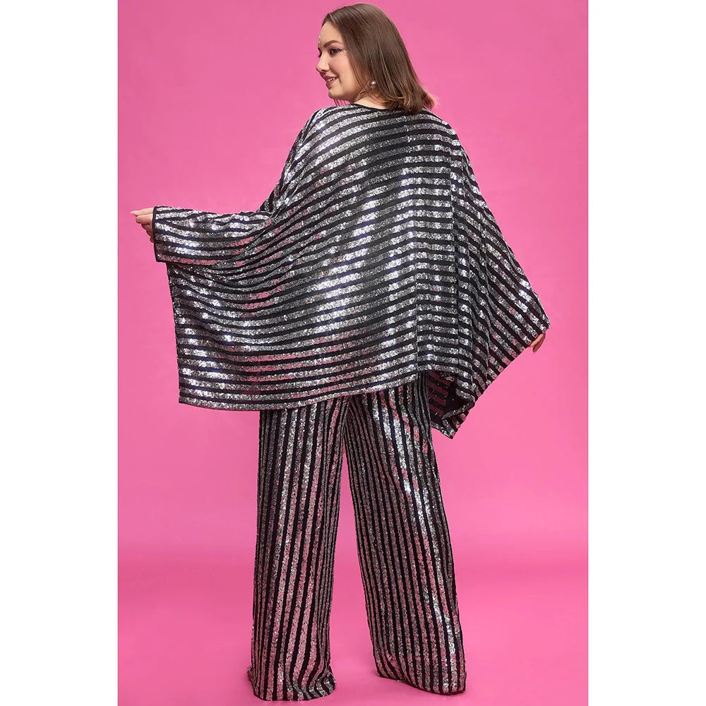 Plus Size Party Silver Fall Winter V Neck Batwing Sleeve 3/4 Sleeve Pocket Sequin Two Piece Pant Sets