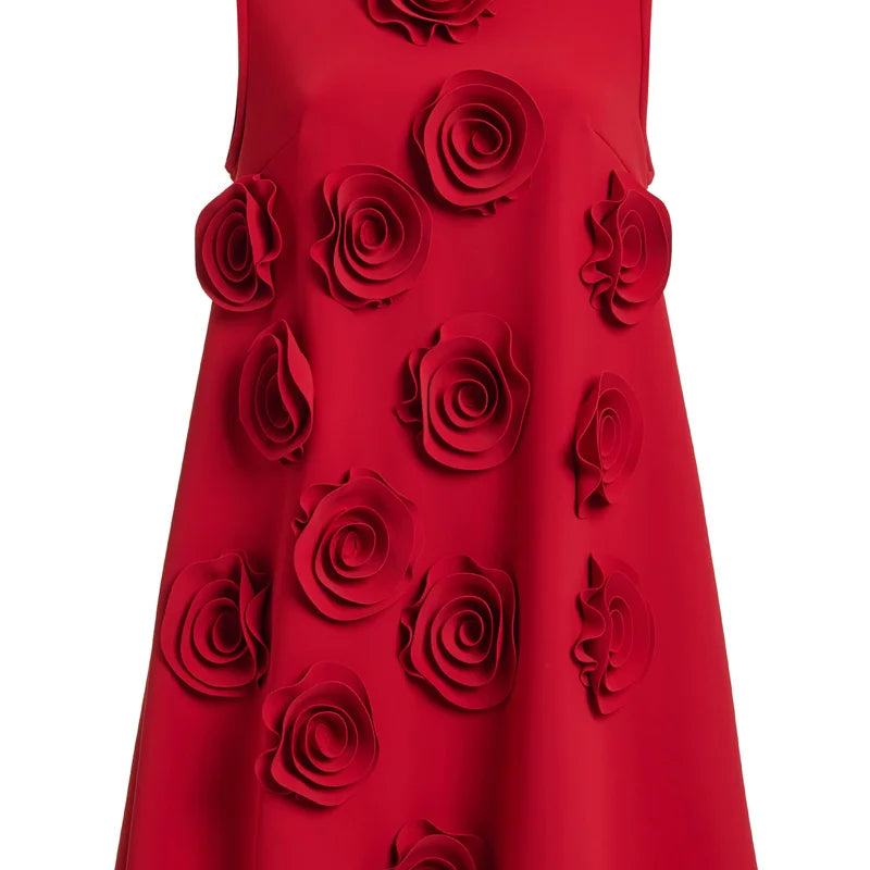 2024 Women summer new red stand up collar lace up flower design sleeveless three-dimensional flower dress elegant fashion party