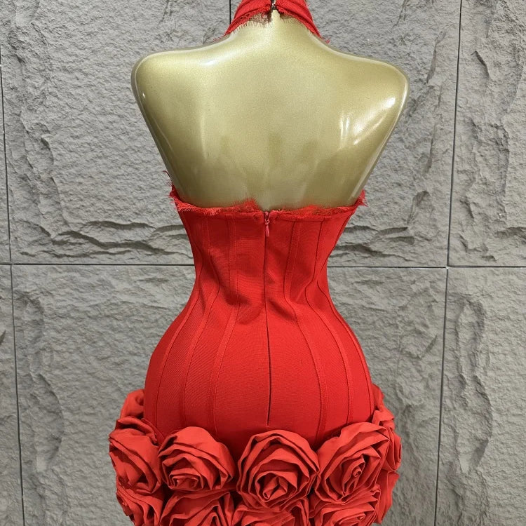 2015 Summer New Red Sexy Hanging Neck Deep V-neck Heavy duty Flower Mini Bandage Dress Sexy Fashion Party Dressn