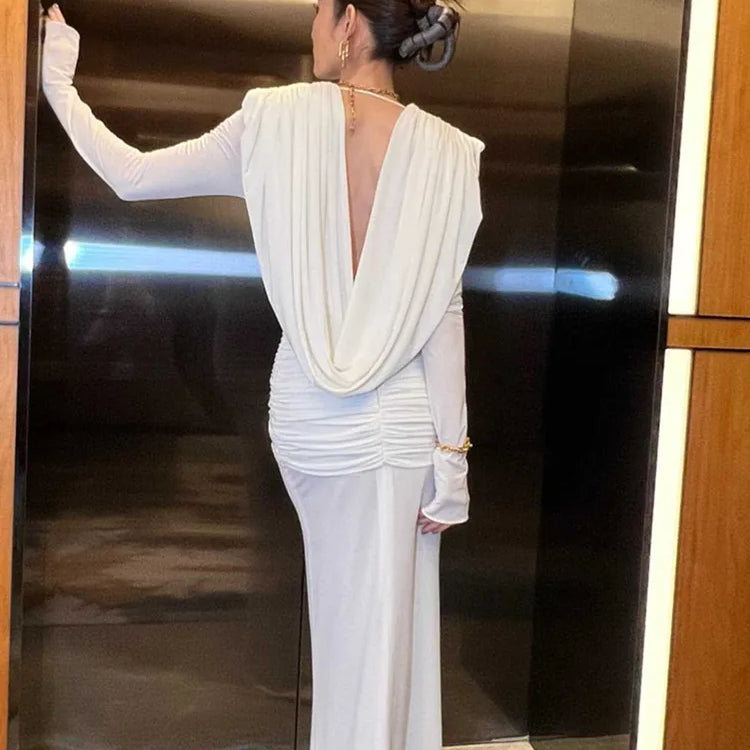 Women Celebrity Sexy Long Sleeve Deep V Neck Ruched White Maxi Long Gowns Dress 2025 Elegant Evening Party Club Vestido