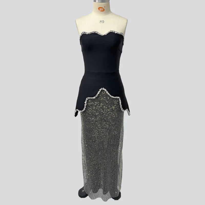 High street new black design sleeveless tube top short top + hot diamond skirt suit evening dress black