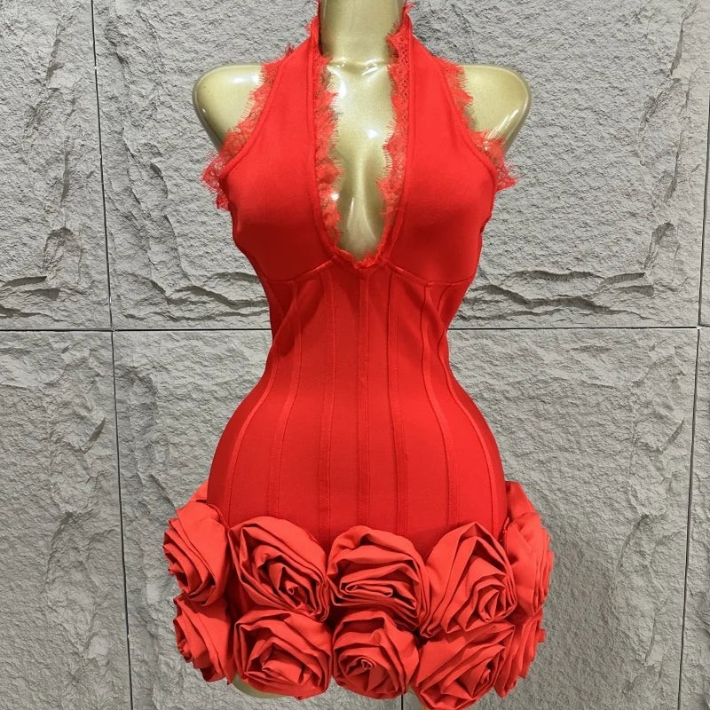 2015 Summer New Red Sexy Hanging Neck Deep V-neck Heavy duty Flower Mini Bandage Dress Sexy Fashion Party Dressn Red