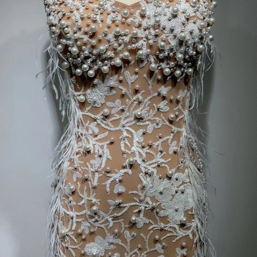 Luxury women summer white feather embroidered beaded suspender tight fitting dress, luxurious party and dinner dress