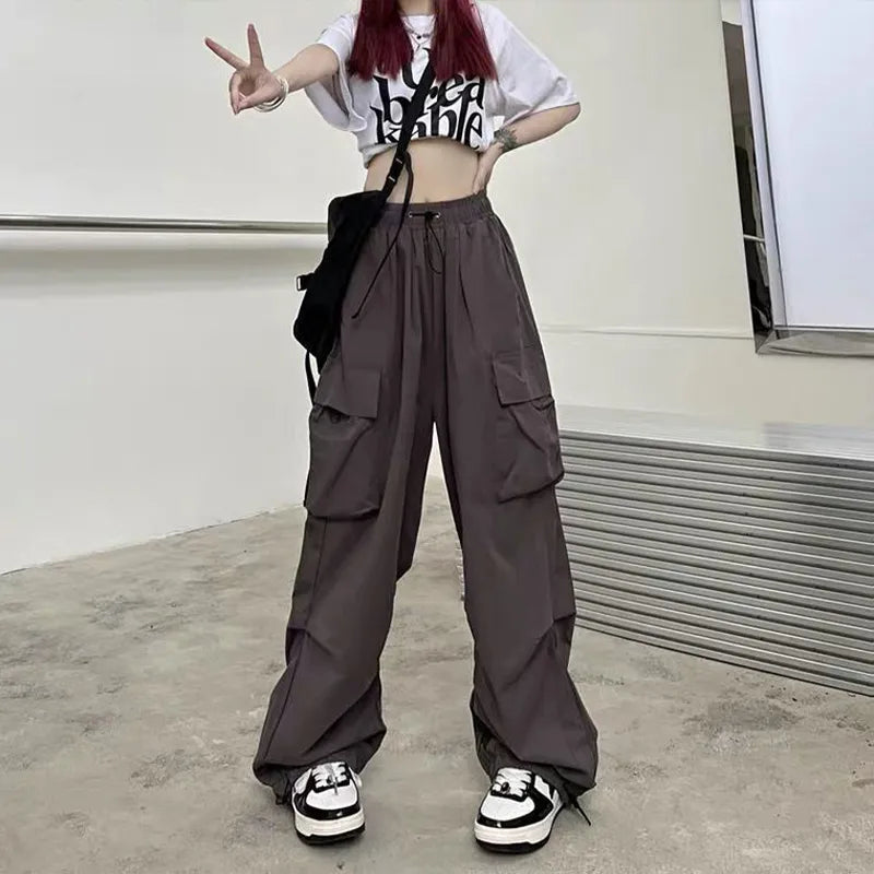 Women Casual Joggers Tech Pants Solid Low Waist Pants Drawstring Wide Leg Baggy Trousers Y2k Streetwear Oversize Sweatpants GY