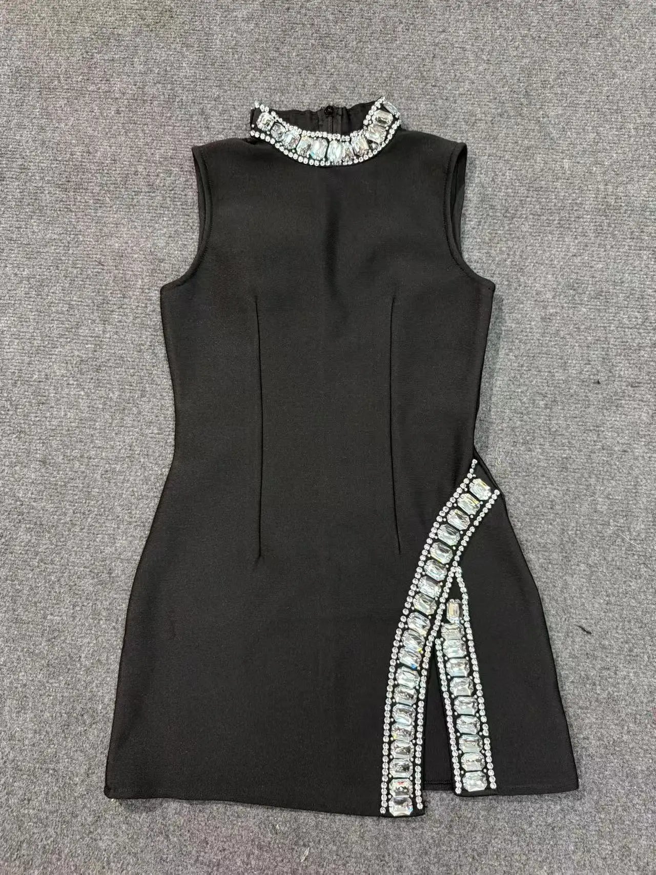2025 Summer Women's New Black Bright Diamond Sleeveless Round Neck Slimming Bandage Dress Sexy Fashion Club Party Dress black