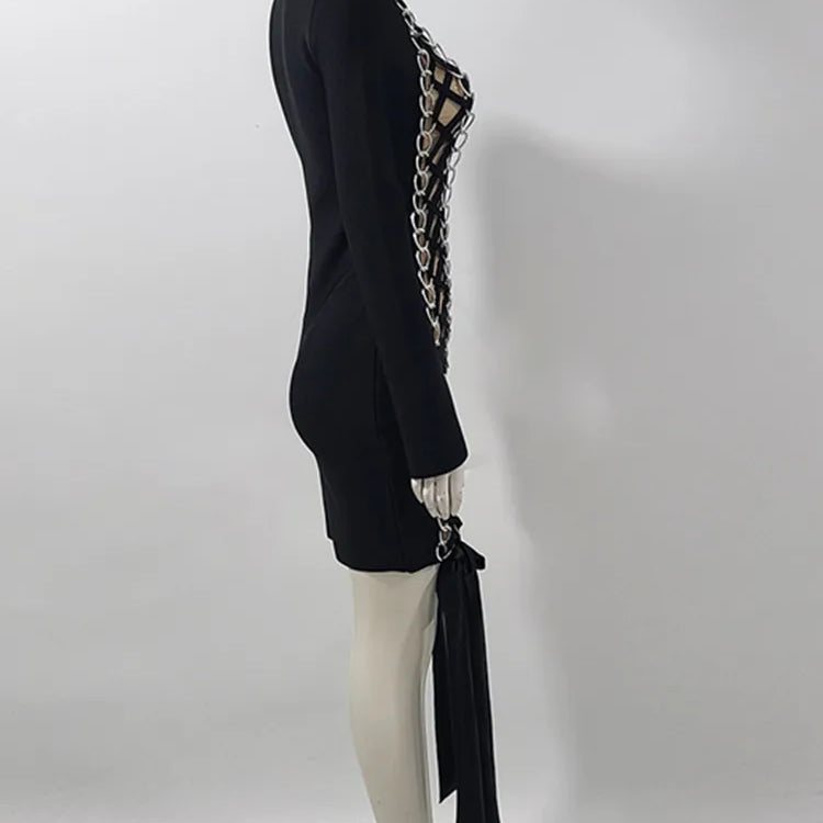 New Women Celebrity Sexy Long Sleeve Lace Up Black Mini Bodycon Bandage Dress 2025 Elegant Evening Club Party Outfit