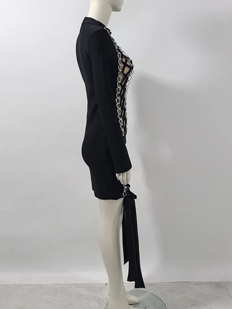 New Women Celebrity Sexy Long Sleeve Lace Up Black Mini Bodycon Bandage Dress 2025 Elegant Evening Club Party Outfit