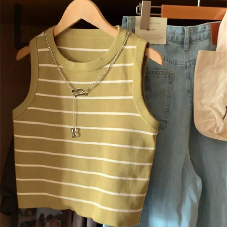Colorfaith New 2022 Basic Bottoming Striped Chain Elasticity Vests Women Tank & Camis Autumn Winter Wild Crop Short Tops V3420DG