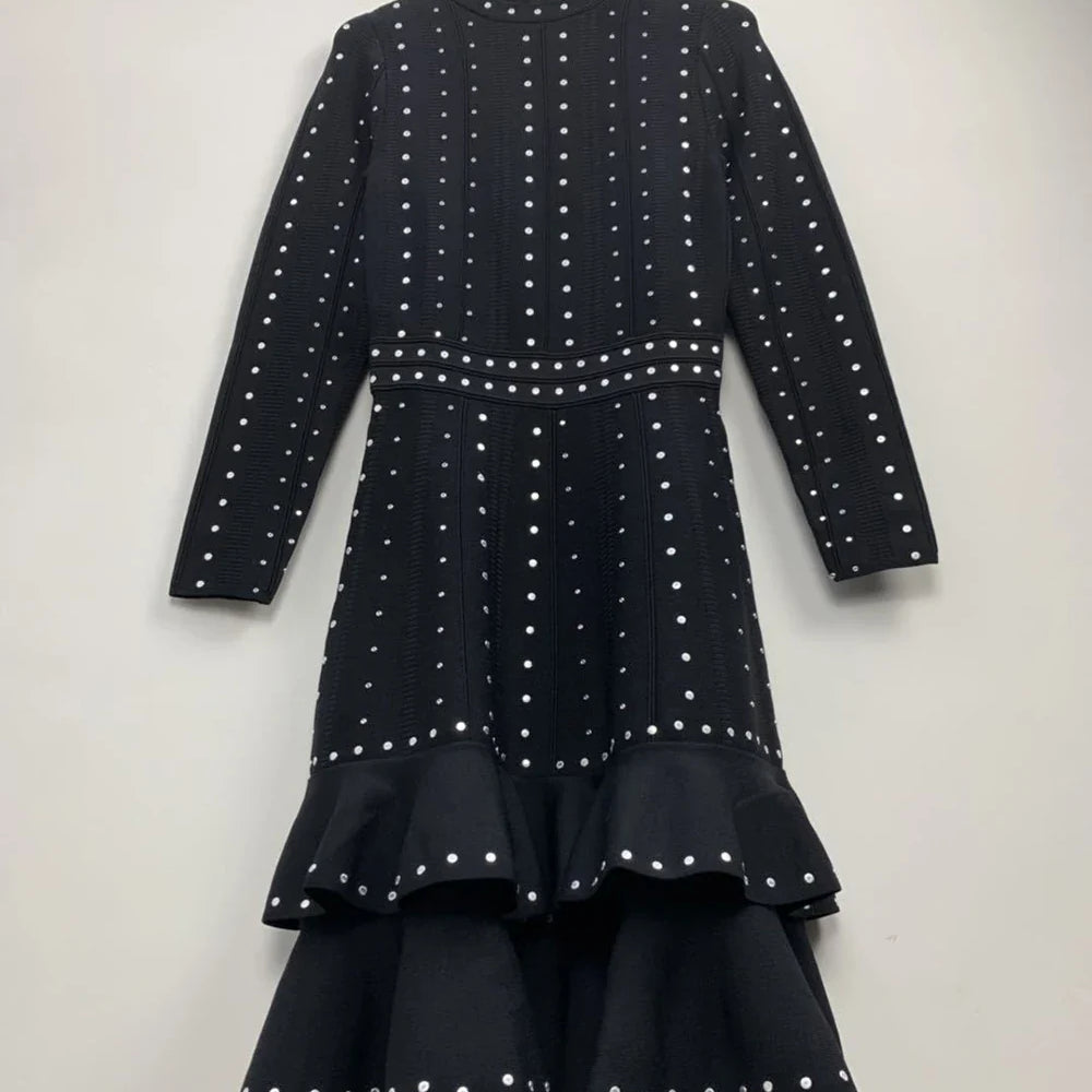 Ailigou New Women's Black Sexy Luxury Diamond Knitted Mini A-line Dress Long sleeved Ruffle Edge Layered Formal Party Dress