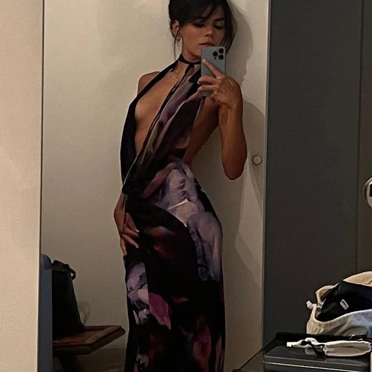 Backless Maxi Dress Women Sexy Purple Print Halter Bodycon Dress Summer Beach Outfits Elegant Sleeveless Club Party Dress 2022