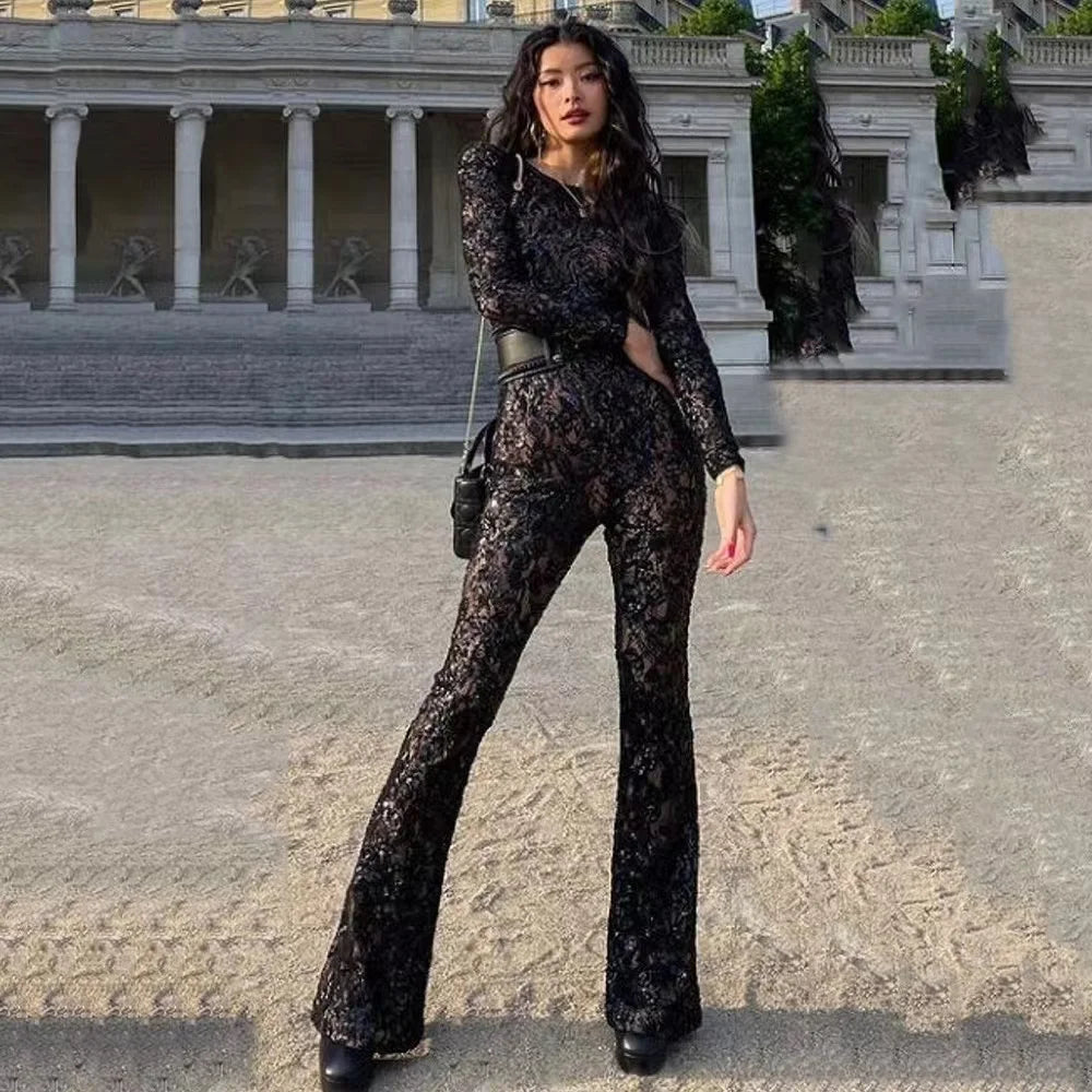 2021 Spring New Jumpsuits Hot Sale Sexy Lace Hollow Out Rompers Red Flame Pants Women's Fashion Club Street Wear black
