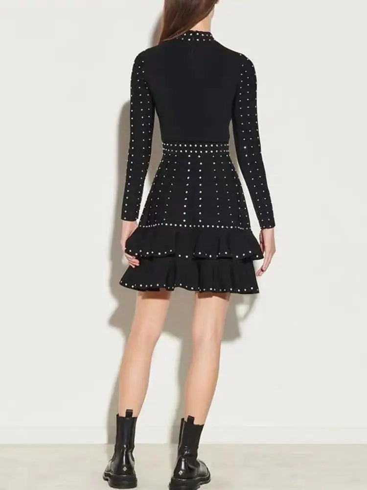 Ailigou New Women's Black Sexy Luxury Diamond Knitted Mini A-line Dress Long sleeved Ruffle Edge Layered Formal Party Dress