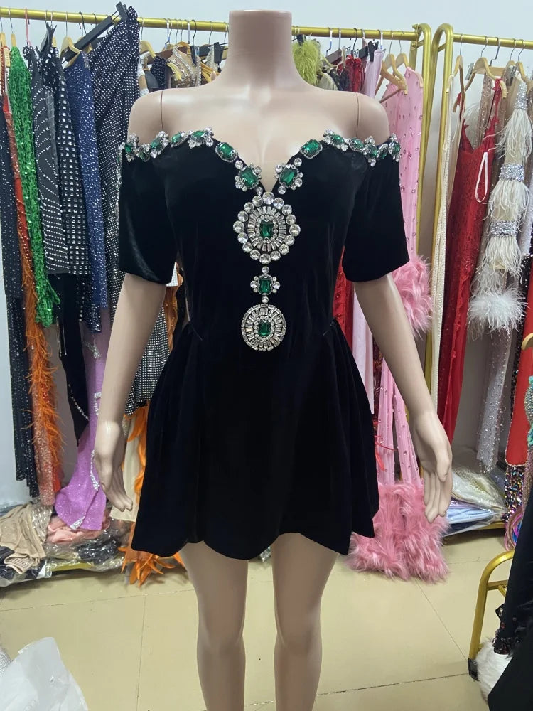 Summer Elegant black sexy strapless shoulder diamond shiny embellishments, fluffy mini party dress elegant fashion dress