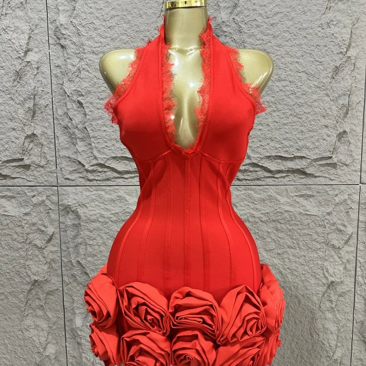 2015 Summer New Red Sexy Hanging Neck Deep V-neck Heavy duty Flower Mini Bandage Dress Sexy Fashion Party Dressn