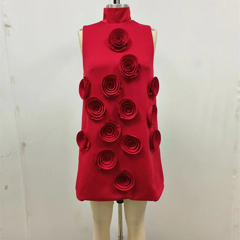 2024 Women summer new red stand up collar lace up flower design sleeveless three-dimensional flower dress elegant fashion party