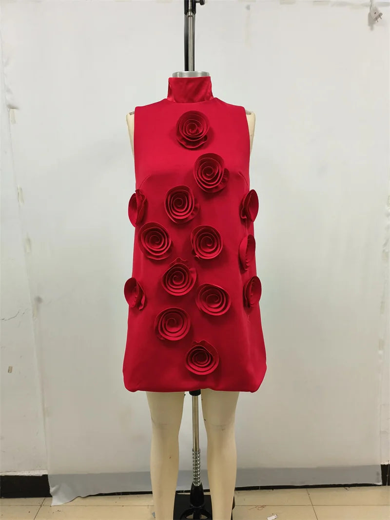 2024 Women summer new red stand up collar lace up flower design sleeveless three-dimensional flower dress elegant fashion party