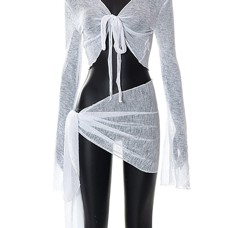 Abdieso Green Summer Sexy Beach Dress Sets Women See Through Outfits 2024 White Long Sleeve Crop Top and Mini Skirt 2 Pieces Set White