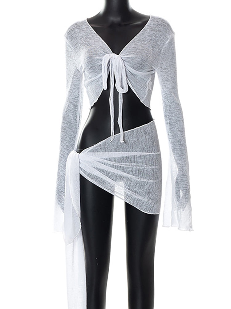 Abdieso Green Summer Sexy Beach Dress Sets Women See Through Outfits 2024 White Long Sleeve Crop Top and Mini Skirt 2 Pieces Set White