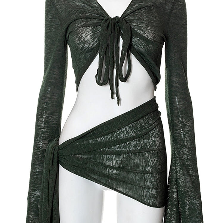 Abdieso Green Summer Sexy Beach Dress Sets Women See Through Outfits 2024 White Long Sleeve Crop Top and Mini Skirt 2 Pieces Set