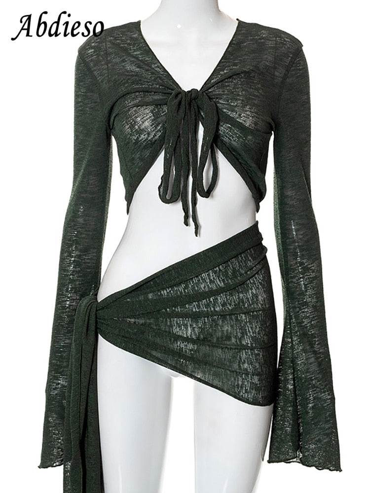 Abdieso Green Summer Sexy Beach Dress Sets Women See Through Outfits 2024 White Long Sleeve Crop Top and Mini Skirt 2 Pieces Set