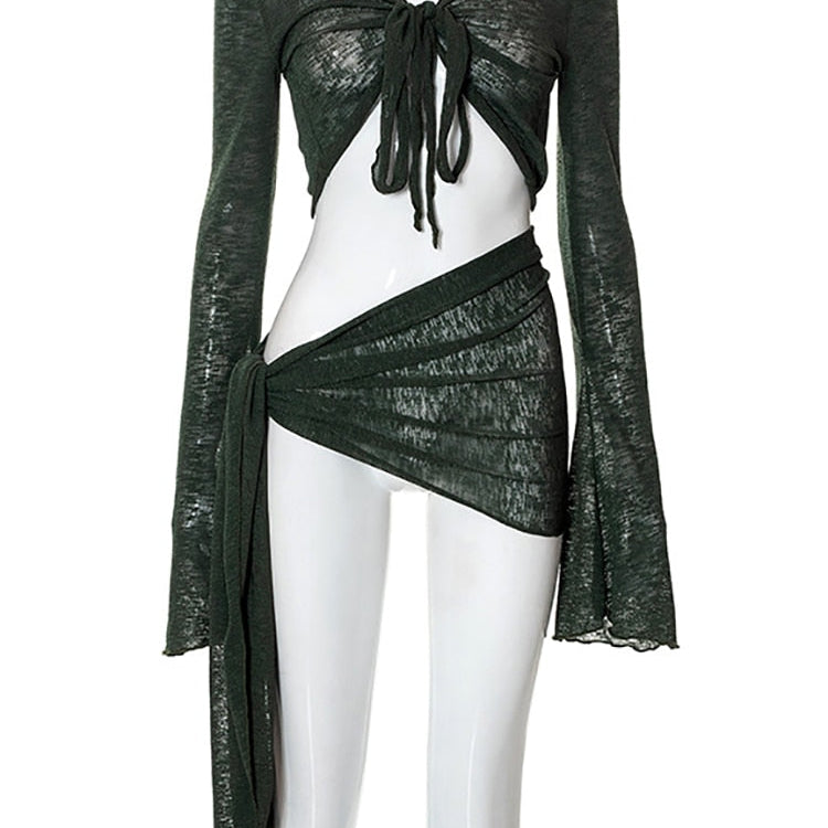 Abdieso Green Summer Sexy Beach Dress Sets Women See Through Outfits 2024 White Long Sleeve Crop Top and Mini Skirt 2 Pieces Set Green