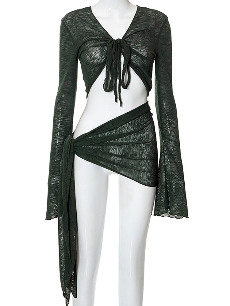 Abdieso Green Summer Sexy Beach Dress Sets Women See Through Outfits 2024 White Long Sleeve Crop Top and Mini Skirt 2 Pieces Set Green