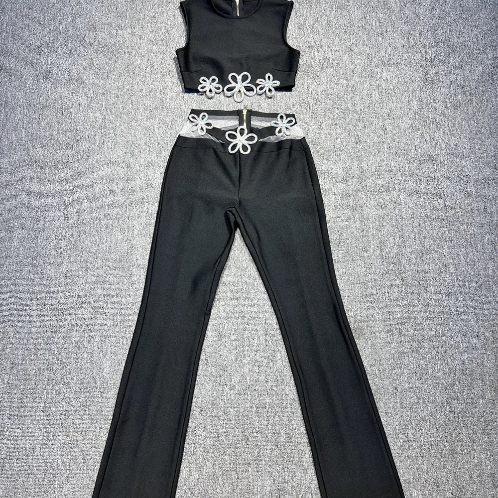 2024 Summer Women's Spicy Girl Set Black Sleeveless Tank Top Flower Low Waist Elastic Tight Pants Fashionable Heavy Industry Two