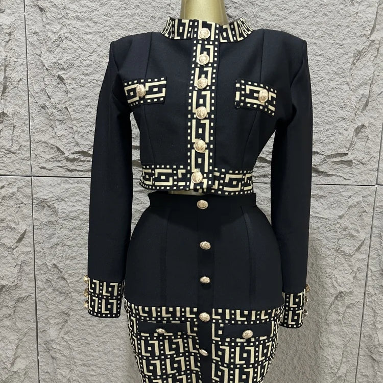 High quality women's new black fashionable long sleeved button jacquard top+high waist hip bag skirt two-piece bandage set black