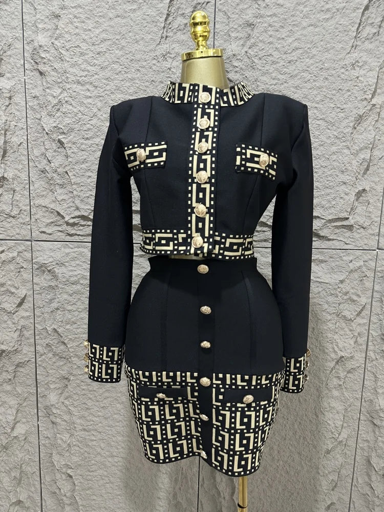 High quality women's new black fashionable long sleeved button jacquard top+high waist hip bag skirt two-piece bandage set black