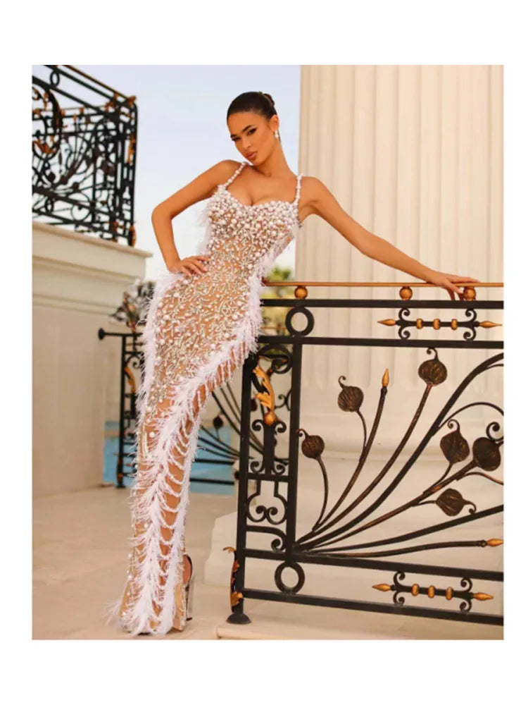 Luxury women summer white feather embroidered beaded suspender tight fitting dress, luxurious party and dinner dress WHITE