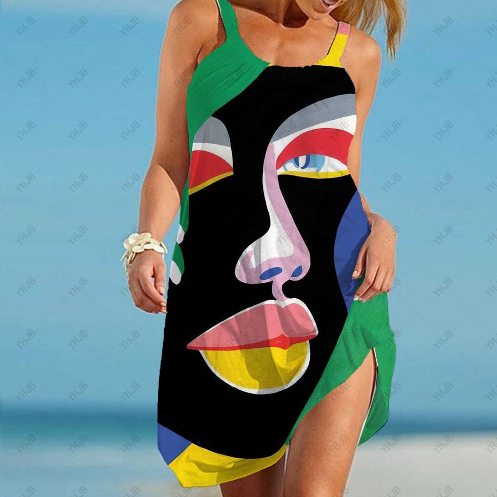 Abstract Fashion Portrait Print Dress Mid Length Summer Sling Beach Dress Boho Casual Sleeveless Party Elegant Sundress AWZ6BA0447