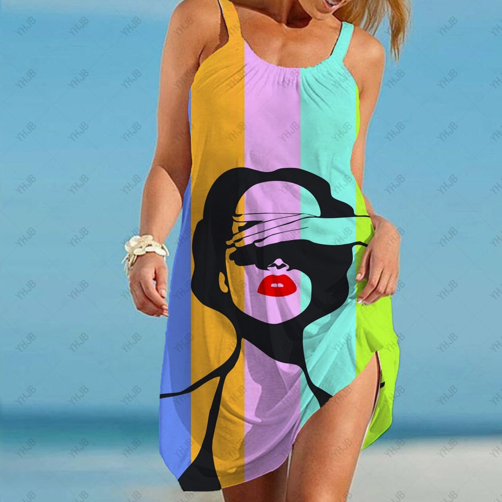 Abstract Fashion Portrait Print Dress Mid Length Summer Sling Beach Dress Boho Casual Sleeveless Party Elegant Sundress AWZ6BA0446