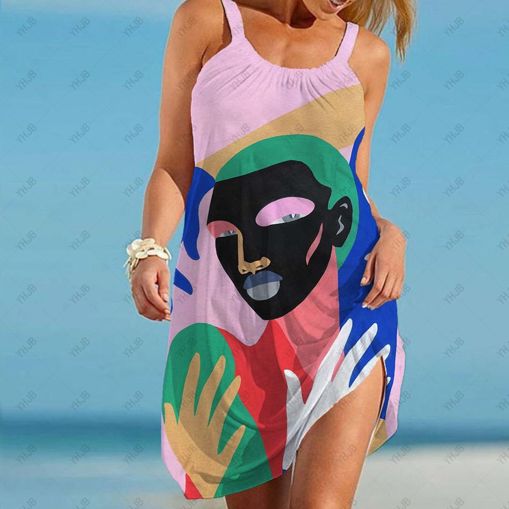 Abstract Fashion Portrait Print Dress Mid Length Summer Sling Beach Dress Boho Casual Sleeveless Party Elegant Sundress