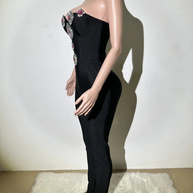 High quality women's new black sexy low cut strapless bandage jumpsuit fashionable luxury party dress